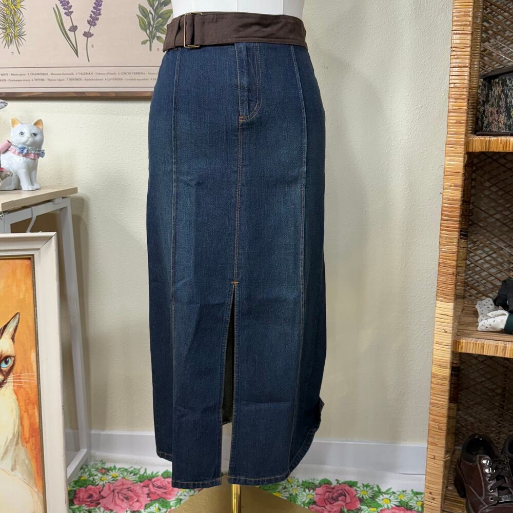 Vintage 90s Y2K Front Slit Denim Jean Maxi Skirt Coastal Cowgirl Grunge Boho 8 M